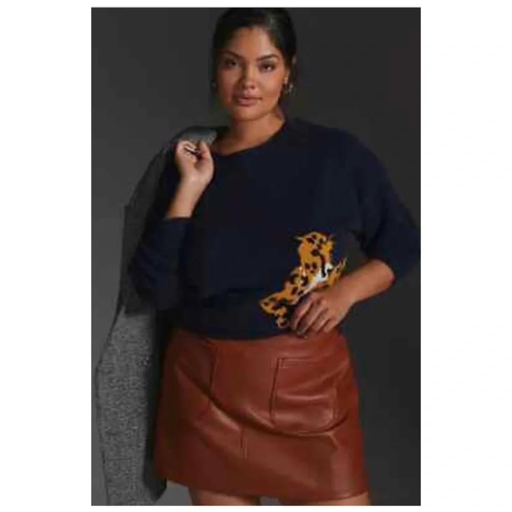 NWT Anthropologie Intarsia Cheetah Cashmere Sweater in Navy Size 1X